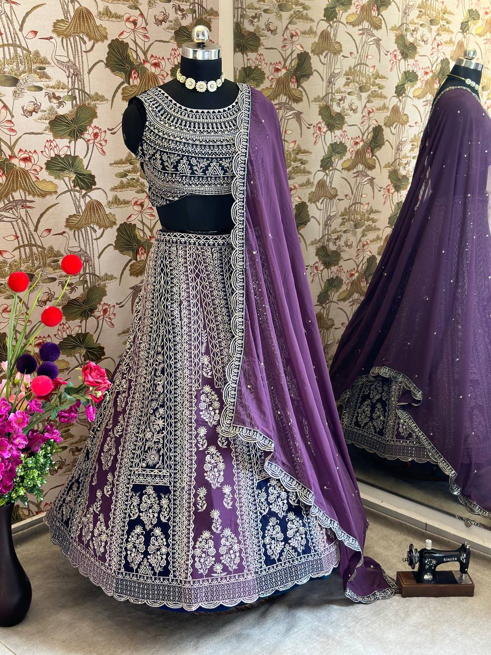 PURPLE FAUX GEORGEET WITH EMBROIDERY SEQUENCE DESIGN WORK LEHENGA - INSPIRED | Ready To Wear - qivii