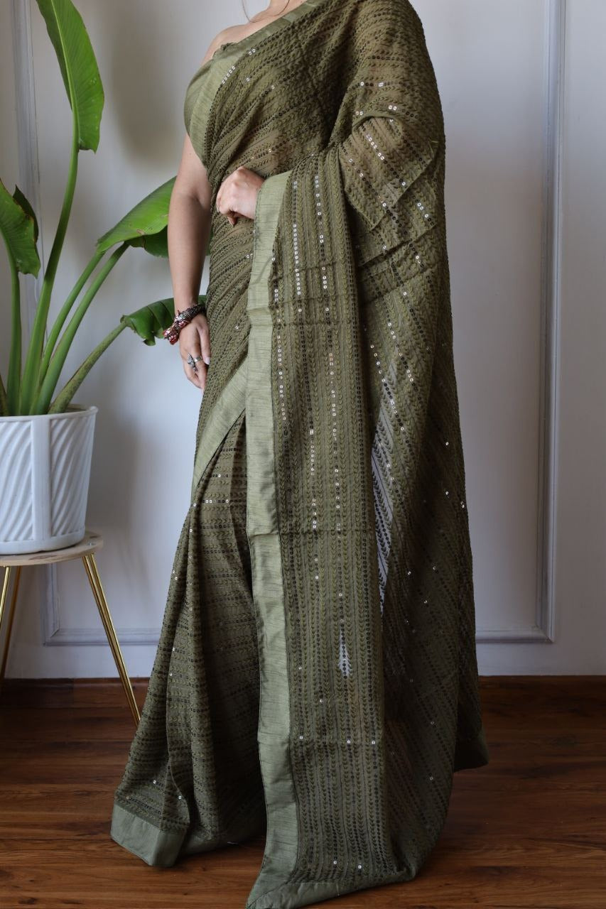Green Fox Georgatte Beautiful Designer Embroidery work Saree - INSPIRED - qivii