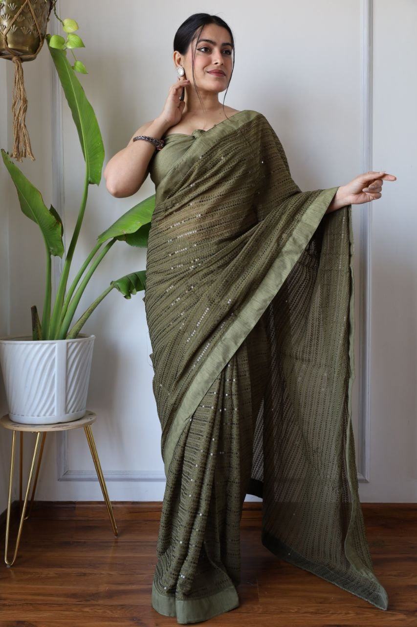 Green Fox Georgatte Beautiful Designer Embroidery work Saree - INSPIRED - qivii