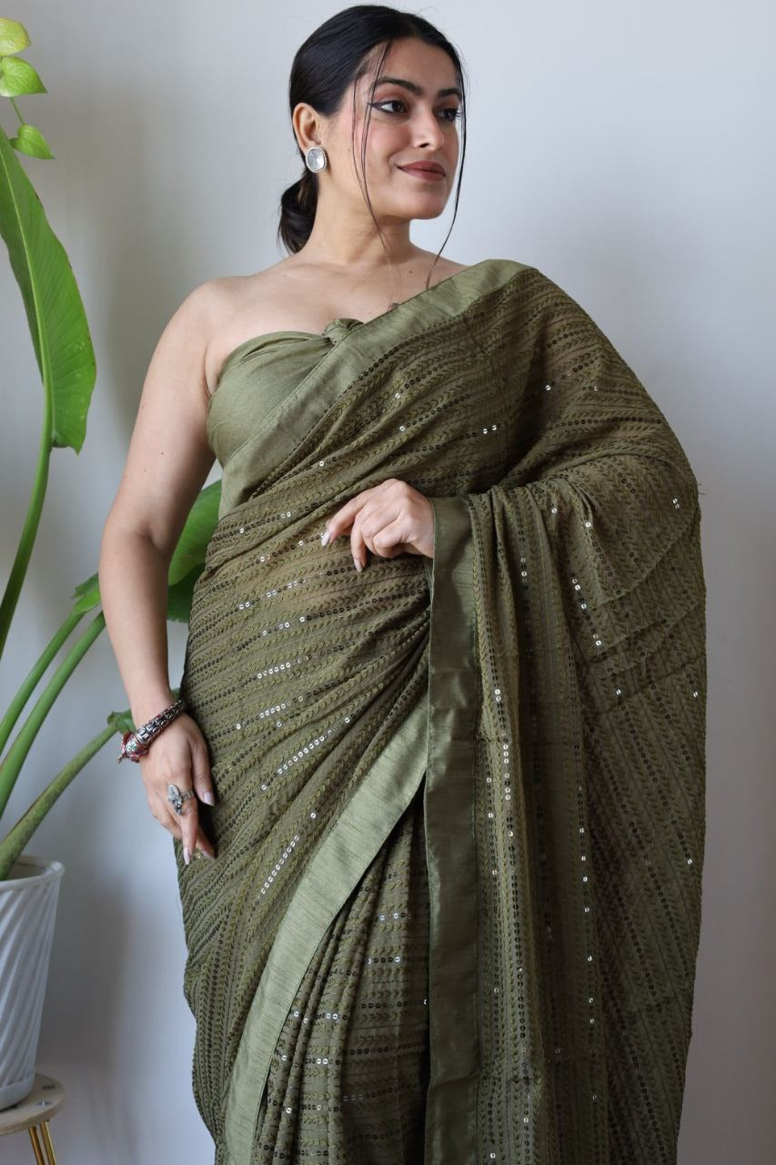 Green Fox Georgatte Beautiful Designer Embroidery work Saree - INSPIRED - qivii