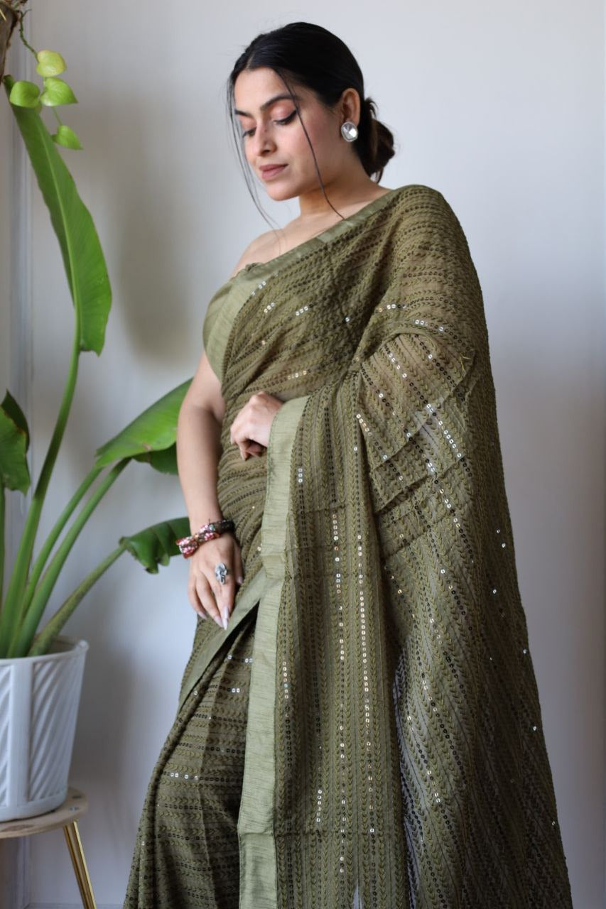 Green Fox Georgatte Beautiful Designer Embroidery work Saree - INSPIRED - qivii