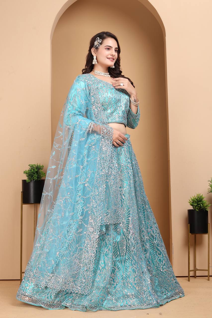 BLUE HEAVY NET DESIGNER PURE ZARKHAN DIAMOND AND GLITTER SEQUENCE DESIGN WORK LEHENGA - INSPIRED | Ready To Wear - qivii