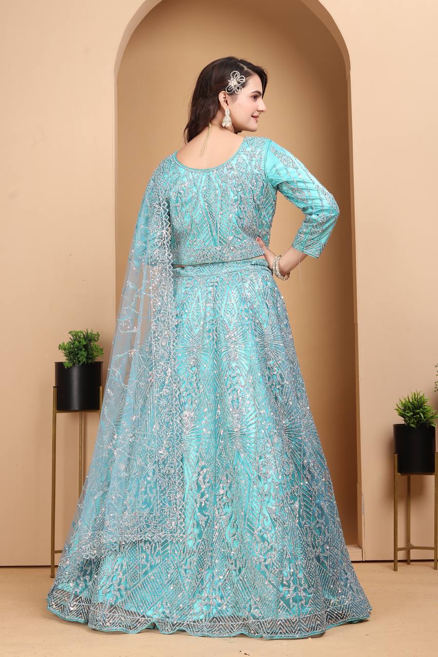 BLUE HEAVY NET DESIGNER PURE ZARKHAN DIAMOND AND GLITTER SEQUENCE DESIGN WORK LEHENGA - INSPIRED | Ready To Wear - qivii