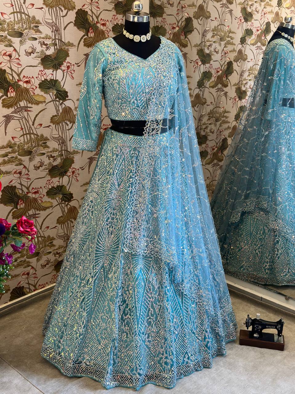BLUE HEAVY NET DESIGNER PURE ZARKHAN DIAMOND AND GLITTER SEQUENCE DESIGN WORK LEHENGA - INSPIRED | Ready To Wear - qivii