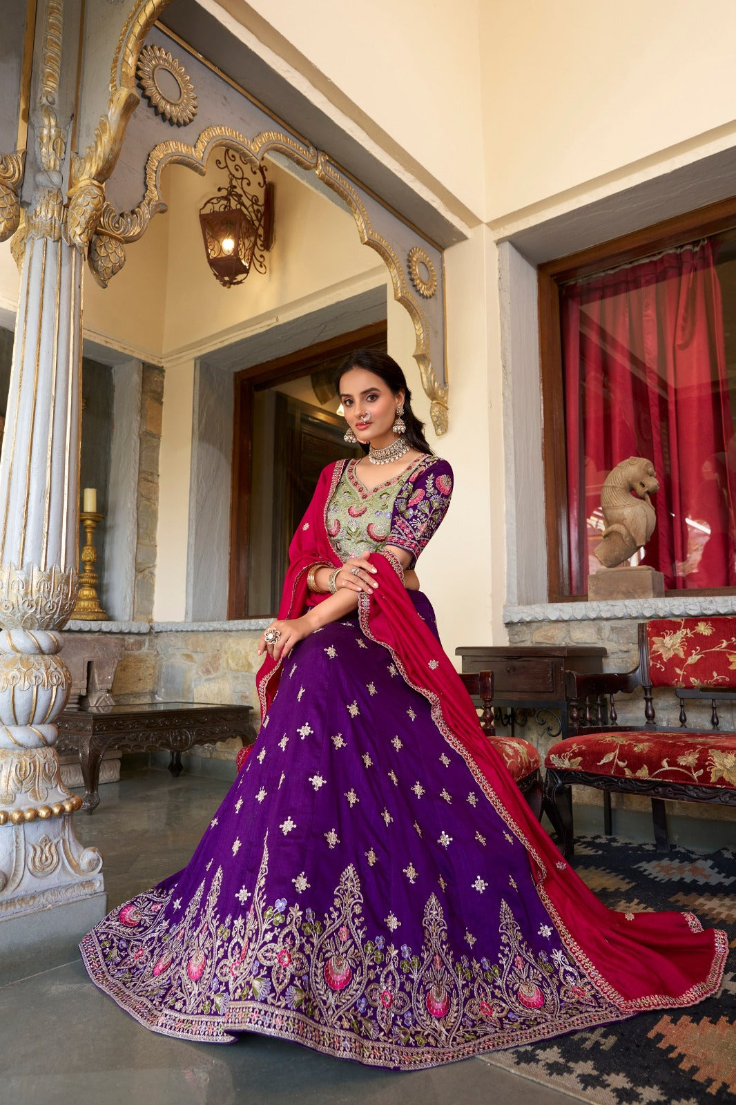 Purple Vichitra Silk Sequins and Thread Embroidery Work Lehenga Choli | Ready To Wear - qivii