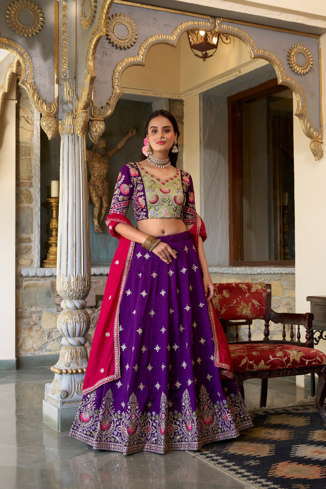 Purple Vichitra Silk Sequins and Thread Embroidery Work Lehenga Choli | Ready To Wear - qivii