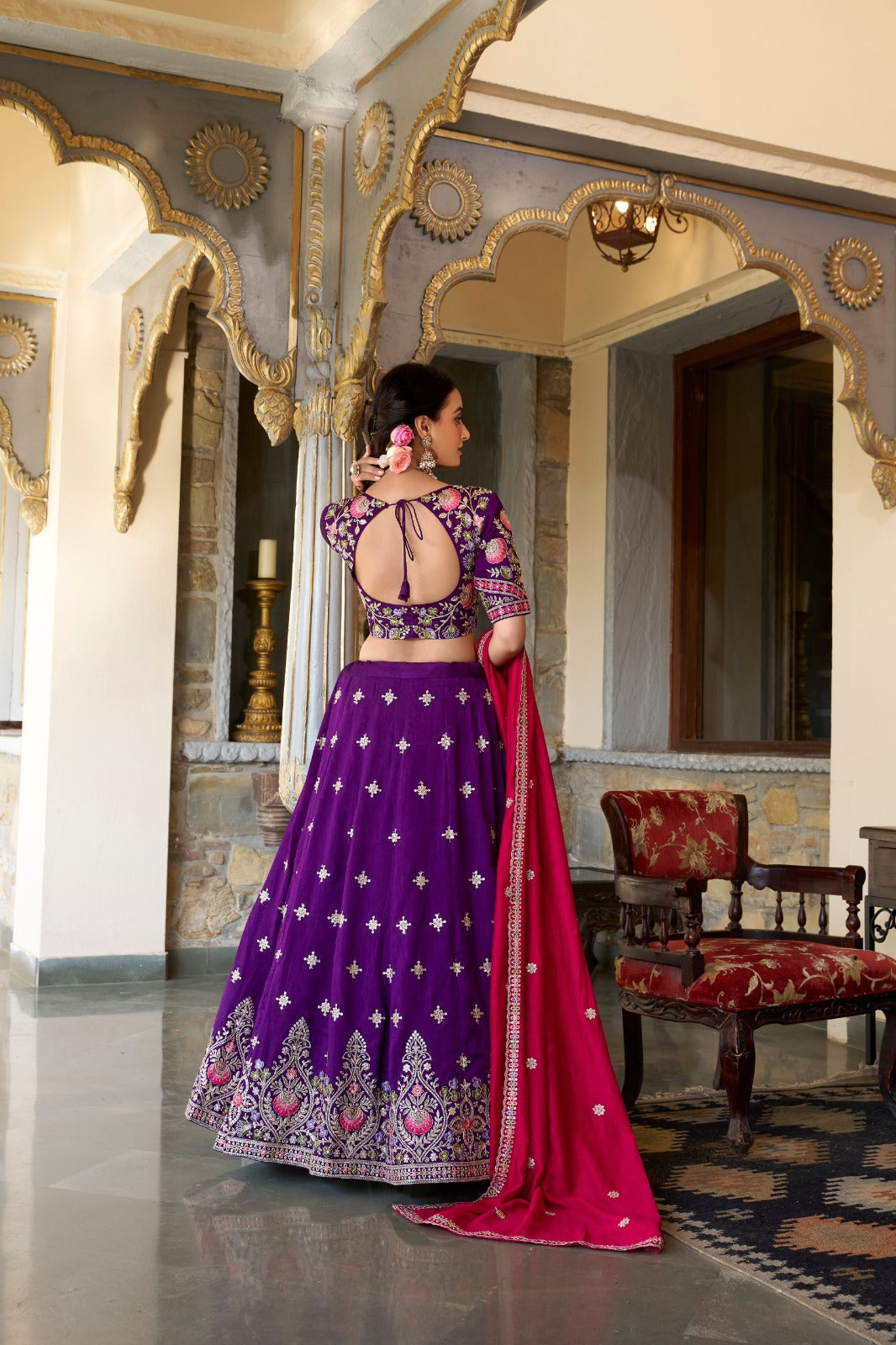 Purple Vichitra Silk Sequins and Thread Embroidery Work Lehenga Choli | Ready To Wear - qivii