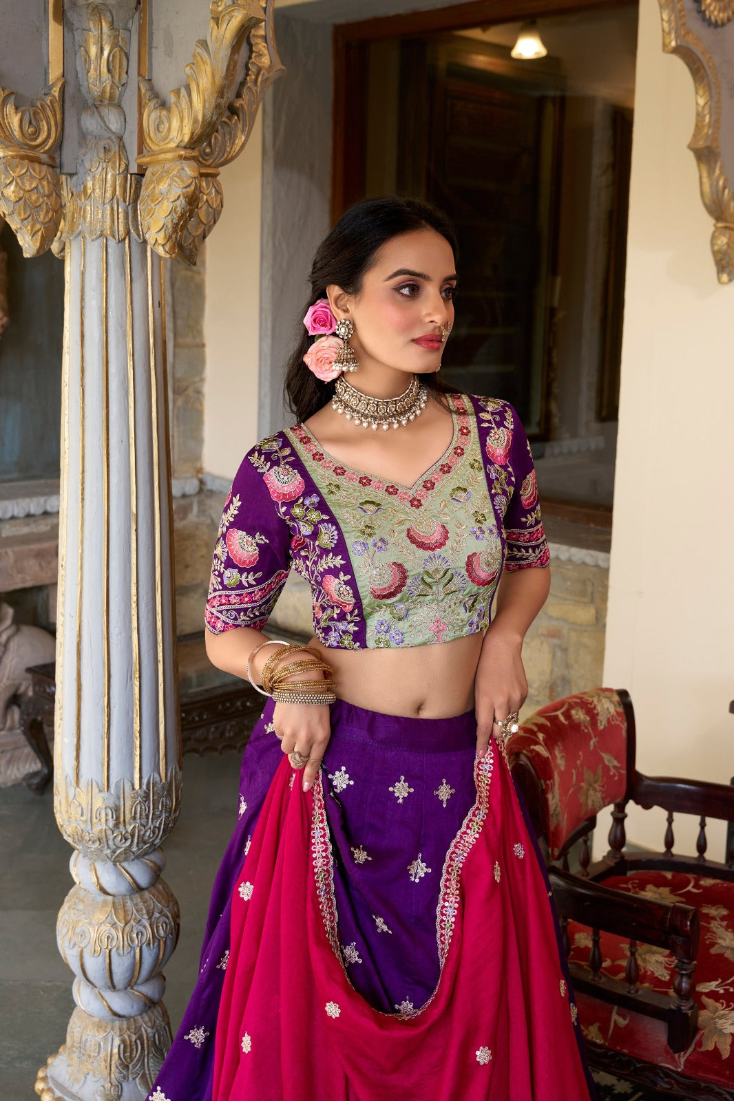 Purple Vichitra Silk Sequins and Thread Embroidery Work Lehenga Choli | Ready To Wear - qivii
