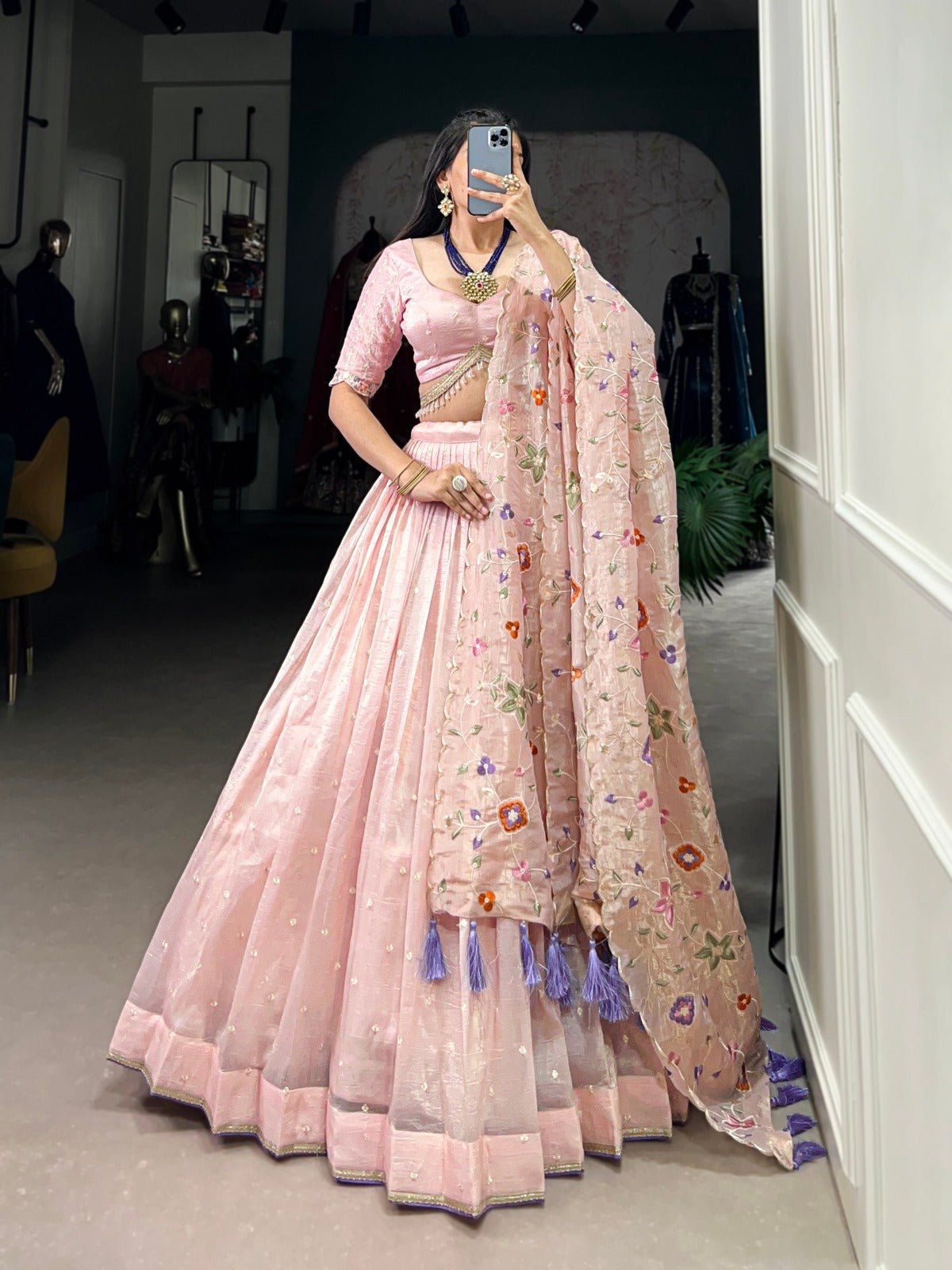 Light Pink Gold Crush Sequins and Thread Embroidery Lehenga Choli - INSPIRED | Ready To Wear - qivii