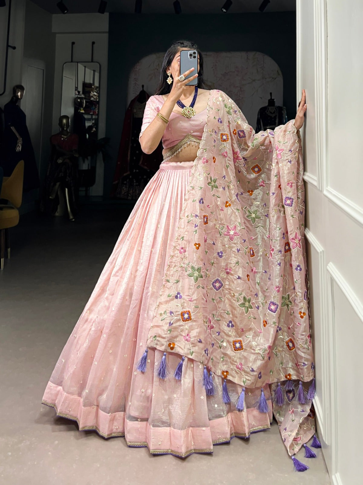 Light Pink Gold Crush Sequins and Thread Embroidery Lehenga Choli - INSPIRED | Ready To Wear - qivii