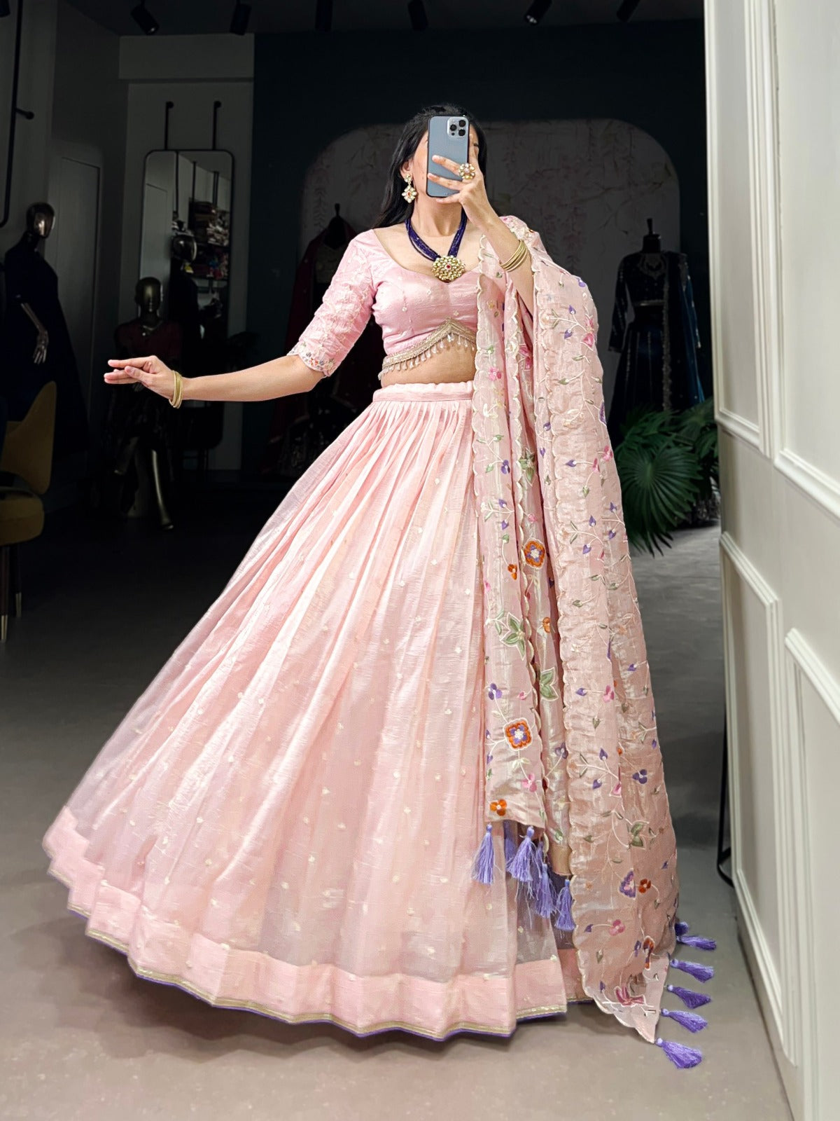 Light Pink Gold Crush Sequins and Thread Embroidery Lehenga Choli - INSPIRED | Ready To Wear - qivii
