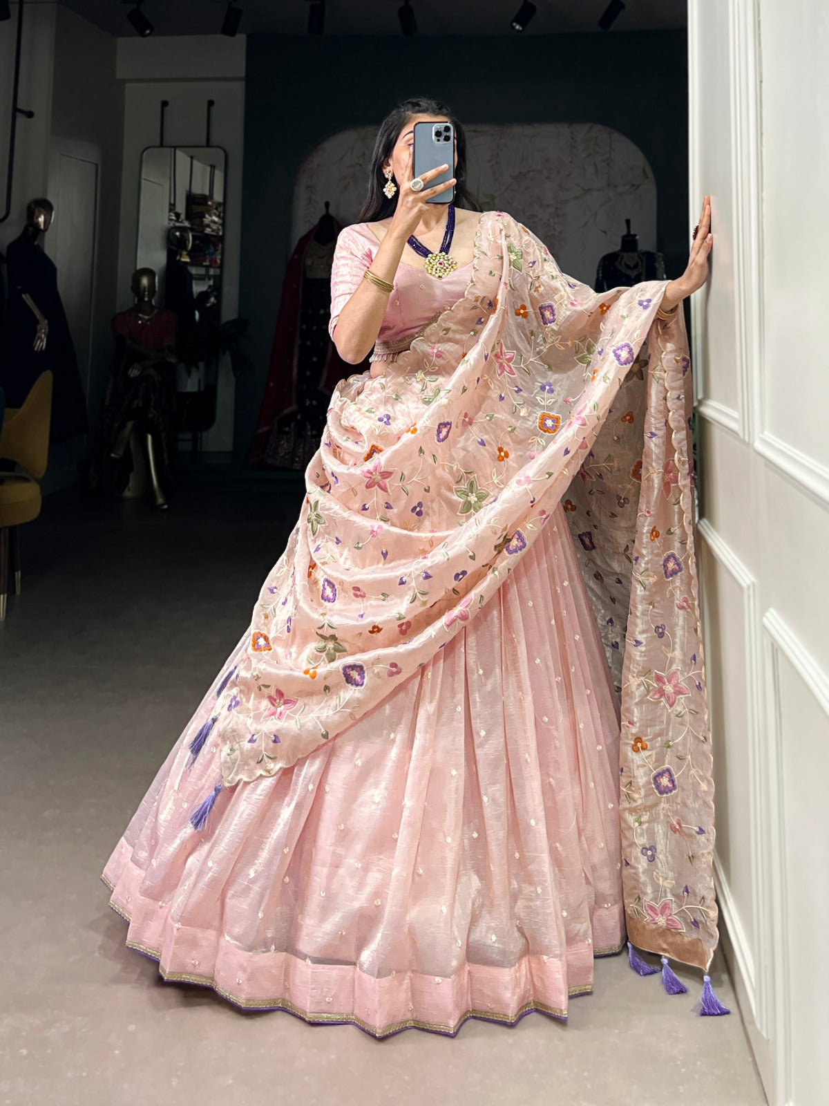 Light Pink Gold Crush Sequins and Thread Embroidery Lehenga Choli - INSPIRED | Ready To Wear - qivii