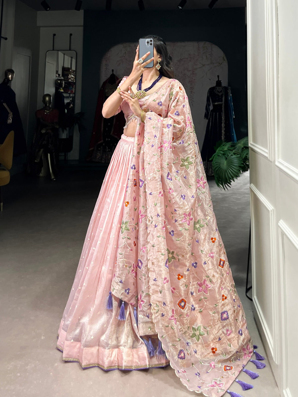 Light Pink Gold Crush Sequins and Thread Embroidery Lehenga Choli - INSPIRED | Ready To Wear - qivii