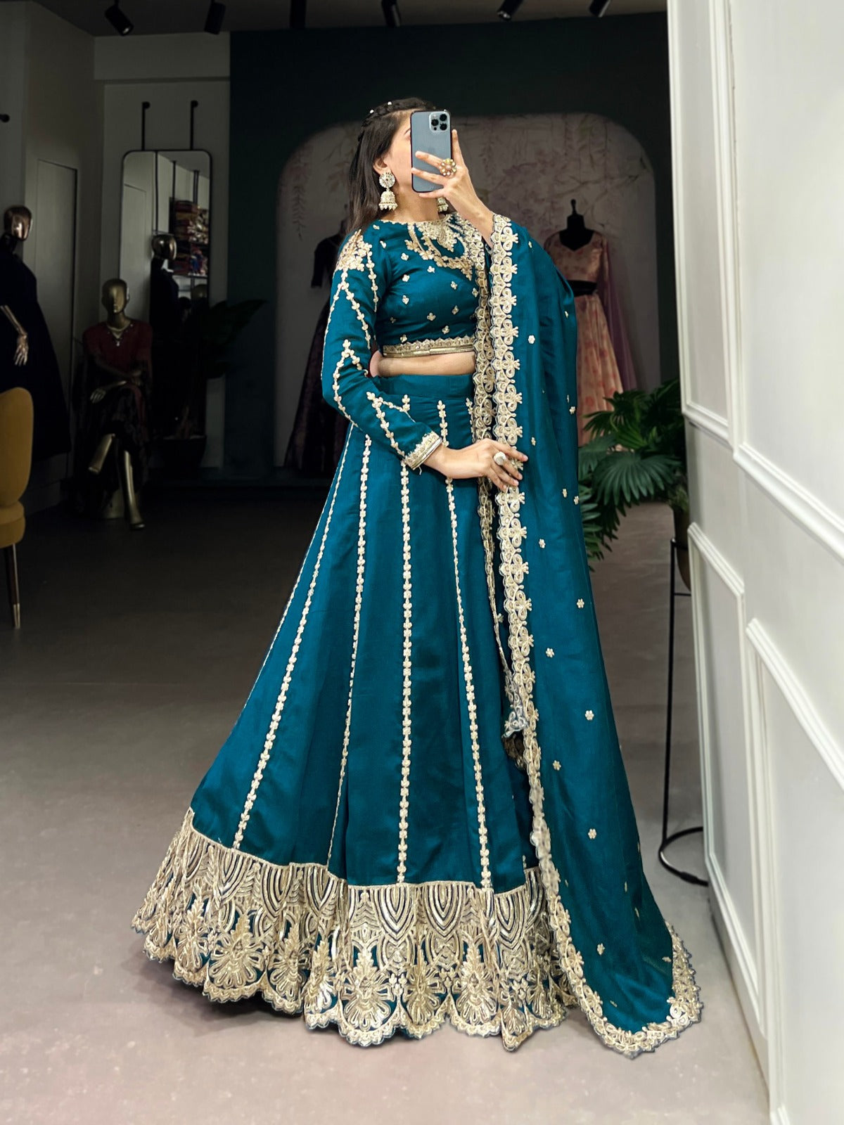 Teal Blue Vichitra Silk Sequins and Thread Embroidery Work Lehenga Choli - INSPIRED | Ready To Wear - qivii