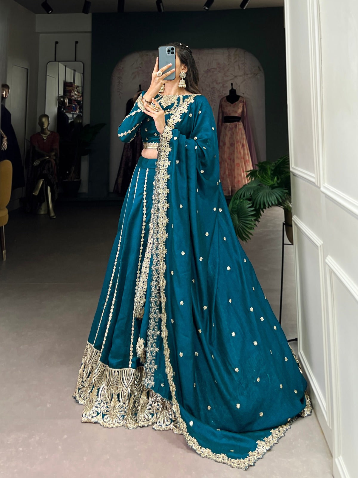 Teal Blue Vichitra Silk Sequins and Thread Embroidery Work Lehenga Choli - INSPIRED | Ready To Wear - qivii