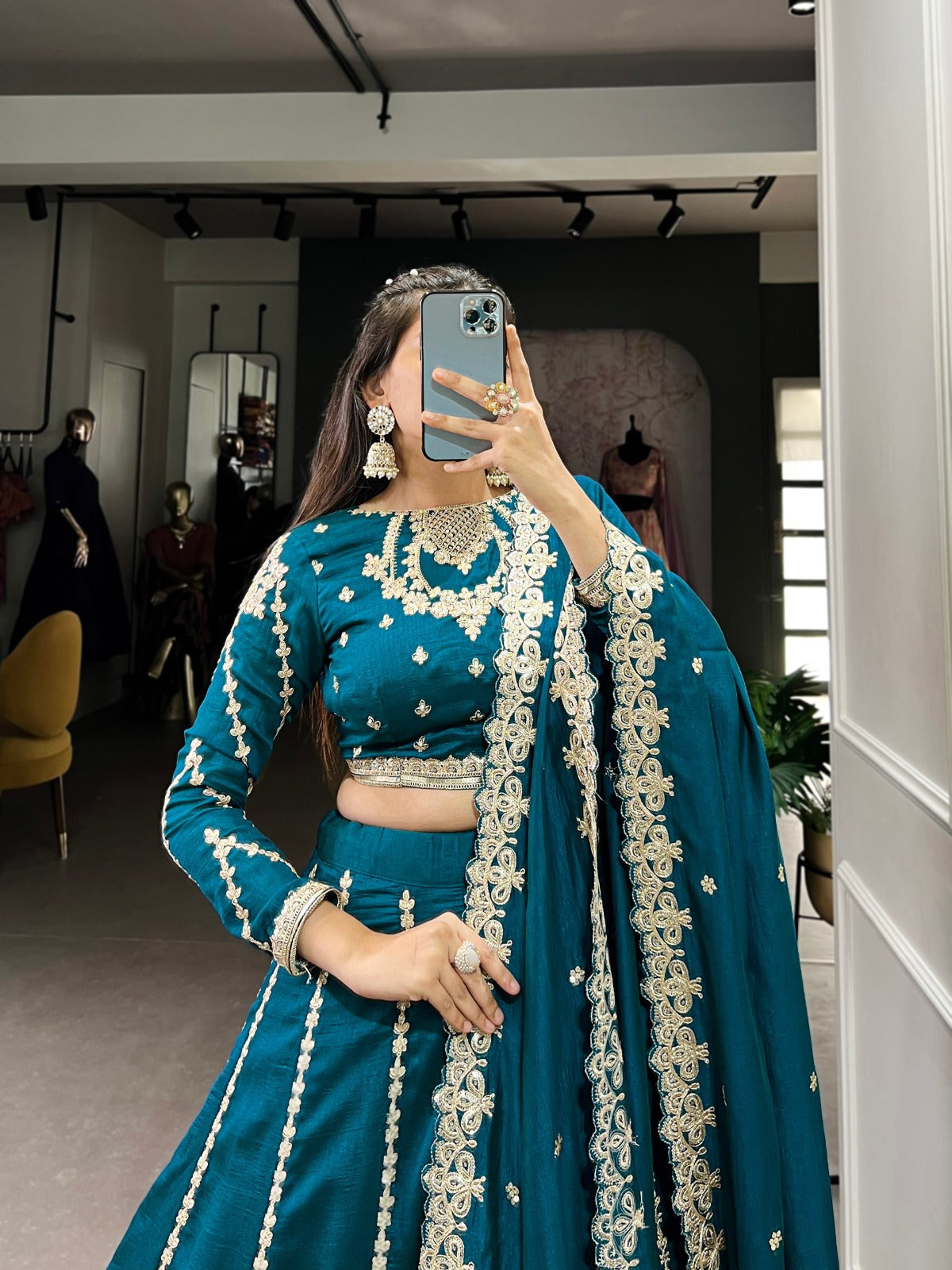Teal Blue Vichitra Silk Sequins and Thread Embroidery Work Lehenga Choli - INSPIRED | Ready To Wear - qivii