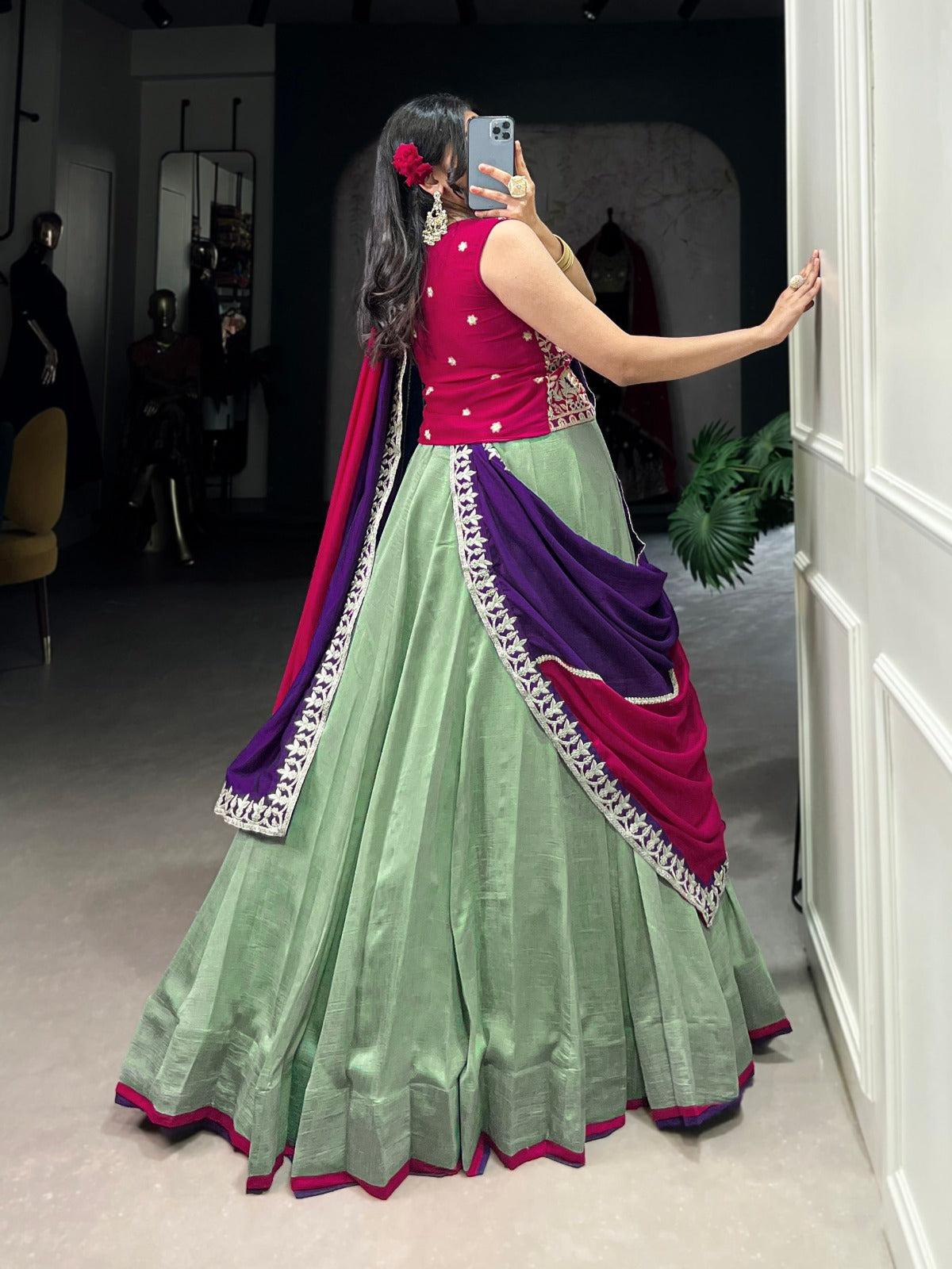 Green Vichitra Silk Plain With Sequins and Thread Embroidery Work Lehenga Choli - INSPIRED | Ready To Wear - qivii