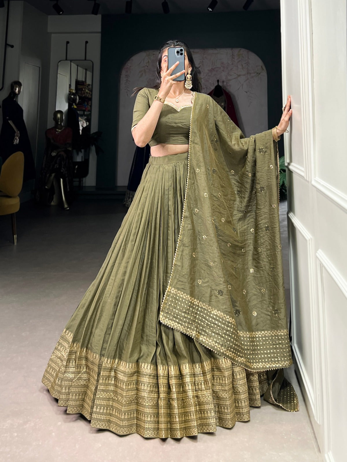 Mehendi Pure Chanderi Plain With Zari Weaving Work Border Lehenga Choli - INSPIRED | Ready To Wear - qivii