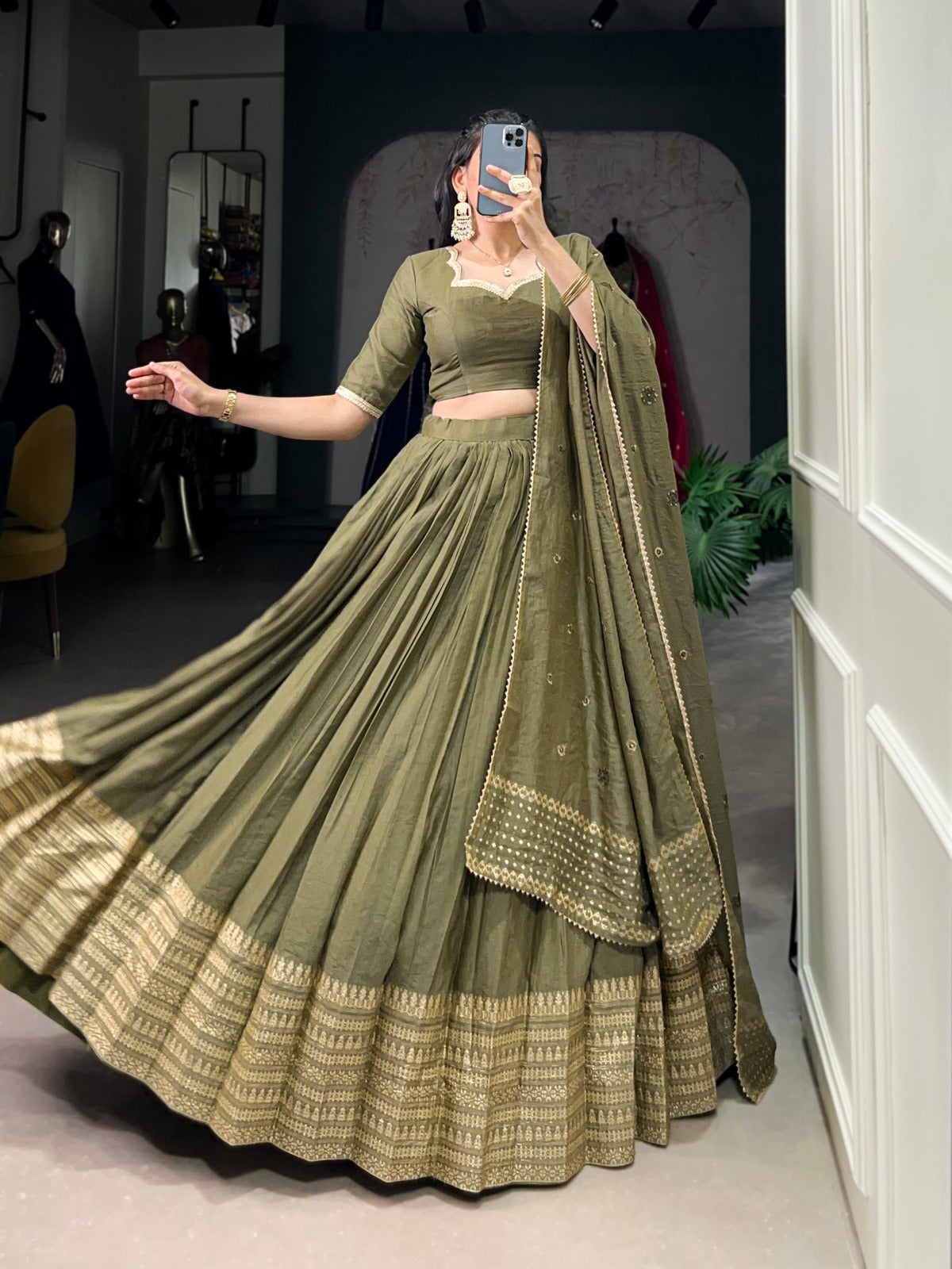 Mehendi Pure Chanderi Plain With Zari Weaving Work Border Lehenga Choli - INSPIRED | Ready To Wear - qivii