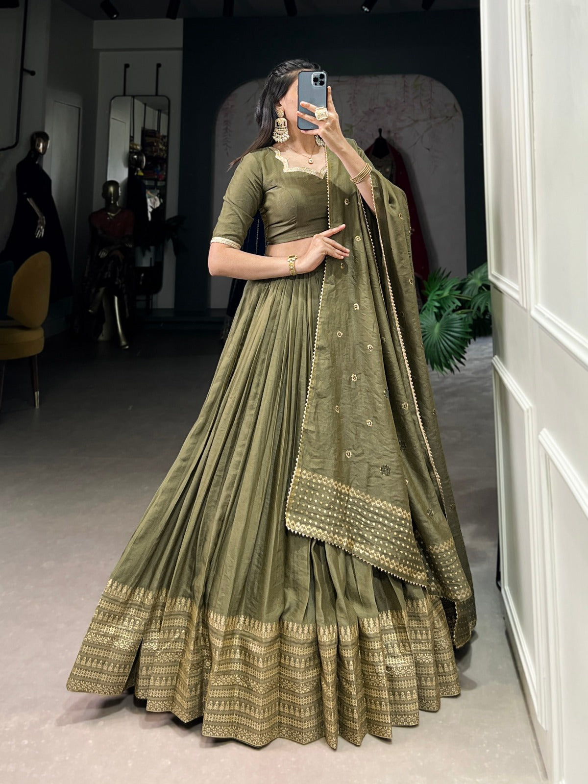 Mehendi Pure Chanderi Plain With Zari Weaving Work Border Lehenga Choli - INSPIRED | Ready To Wear - qivii