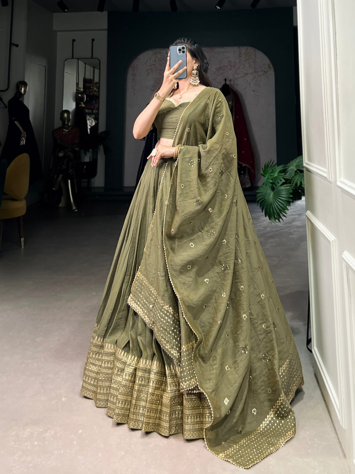 Mehendi Pure Chanderi Plain With Zari Weaving Work Border Lehenga Choli - INSPIRED | Ready To Wear - qivii