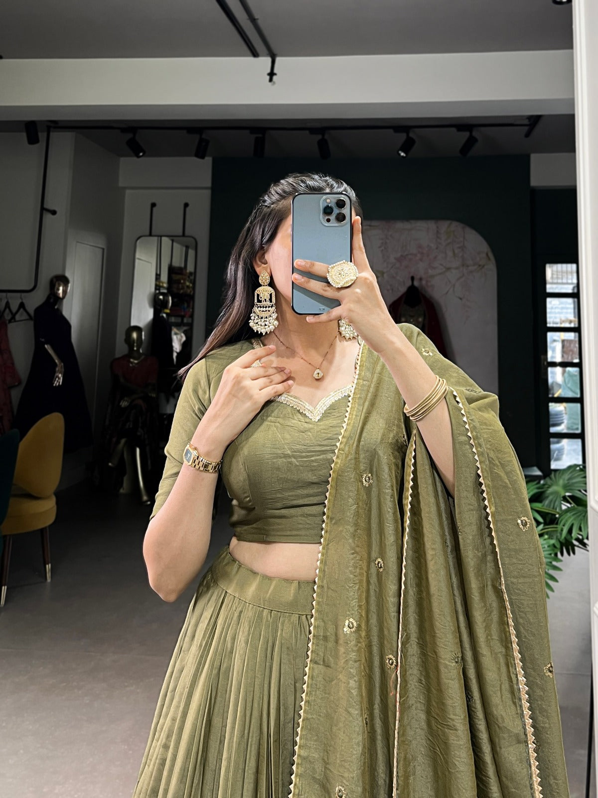 Mehendi Pure Chanderi Plain With Zari Weaving Work Border Lehenga Choli - INSPIRED | Ready To Wear - qivii