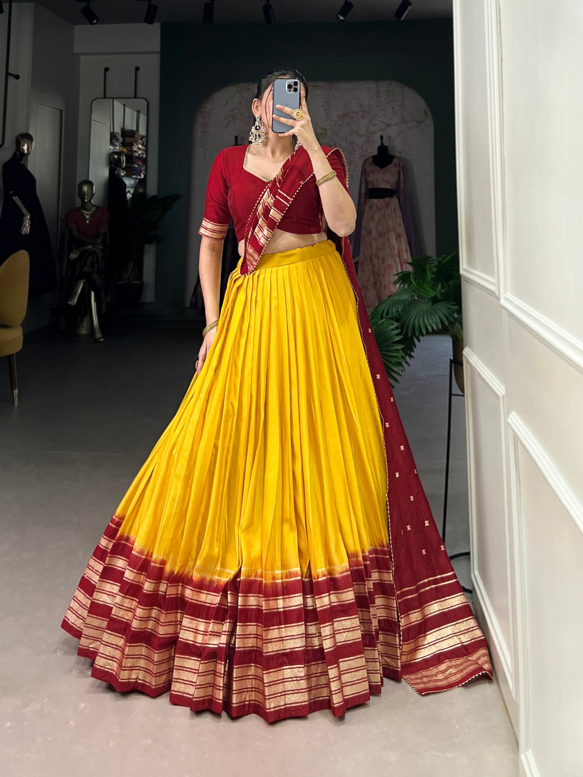 Yellow Pure Chanderi Plain With Zari Weaving Work Border Lehenga Choli - INSPIRED | Ready To Wear - qivii