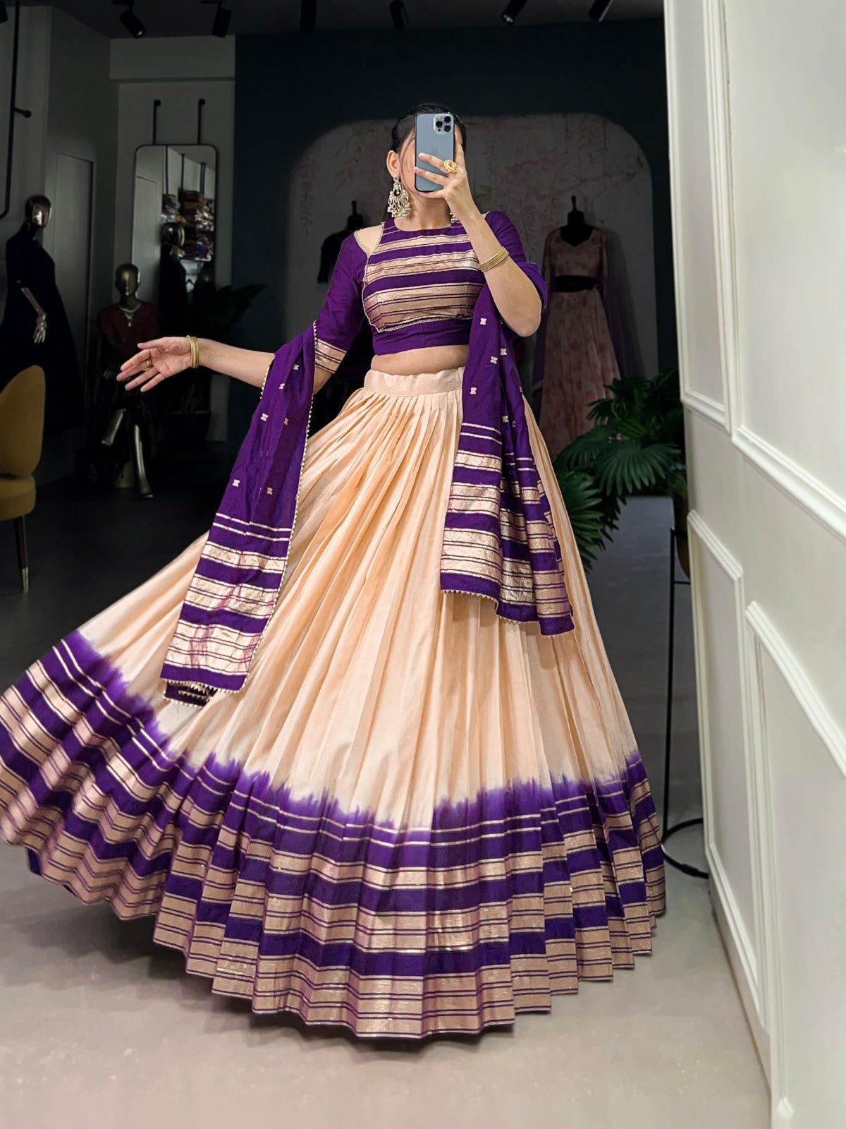 Off White Pure Chanderi Plain With Zari Weaving Work Border Lehenga Choli - INSPIRED | Ready To Wear - qivii