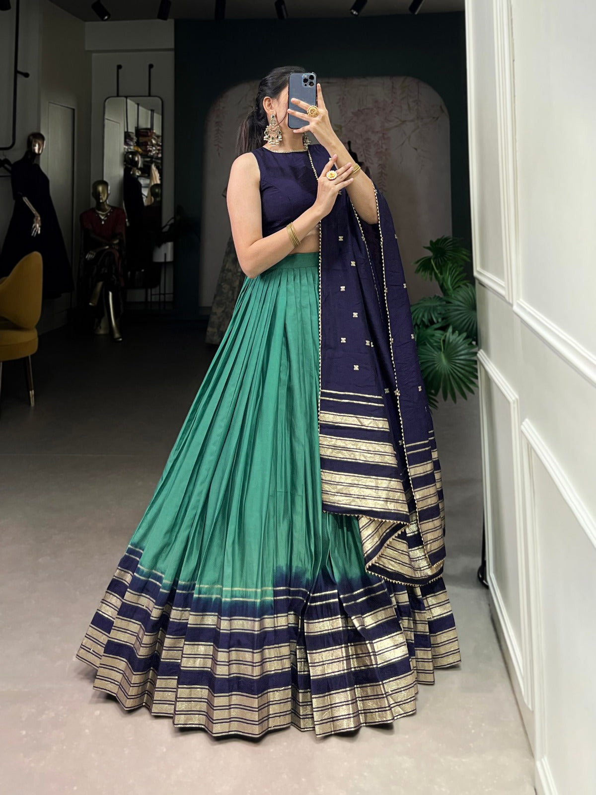 Green Pure Chanderi Plain With Zari Weaving Work Border Lehenga Choli - INSPIRED | Ready To Wear - qivii