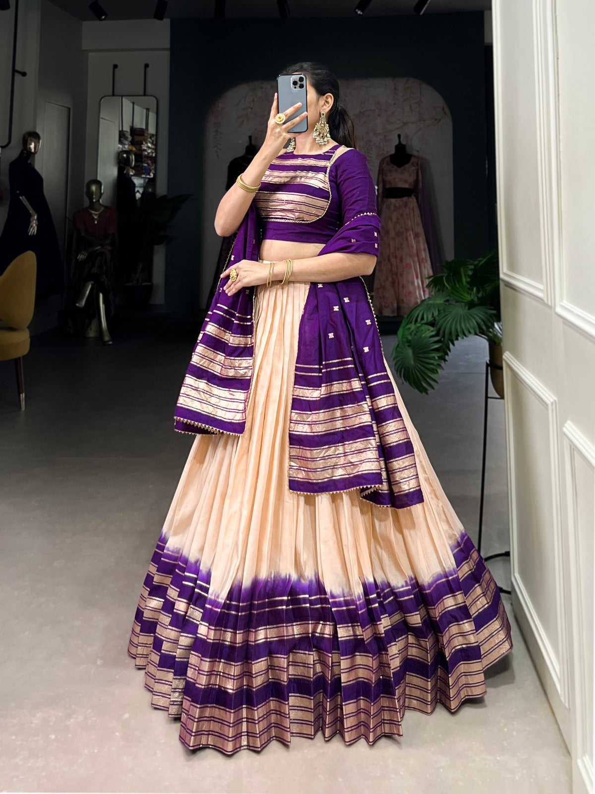 Off White Pure Chanderi Plain With Zari Weaving Work Border Lehenga Choli - INSPIRED | Ready To Wear - qivii