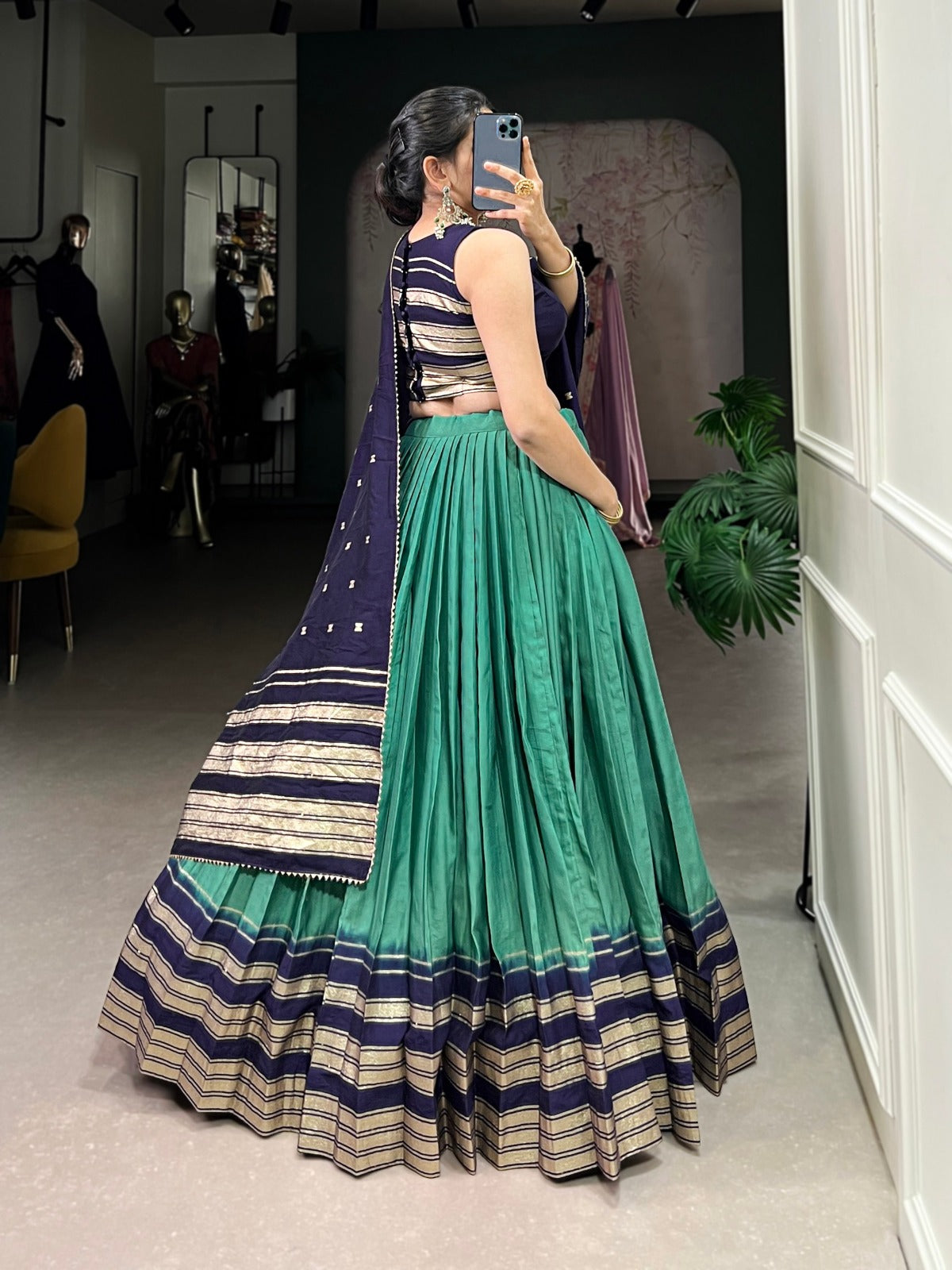 Green Pure Chanderi Plain With Zari Weaving Work Border Lehenga Choli - INSPIRED | Ready To Wear - qivii