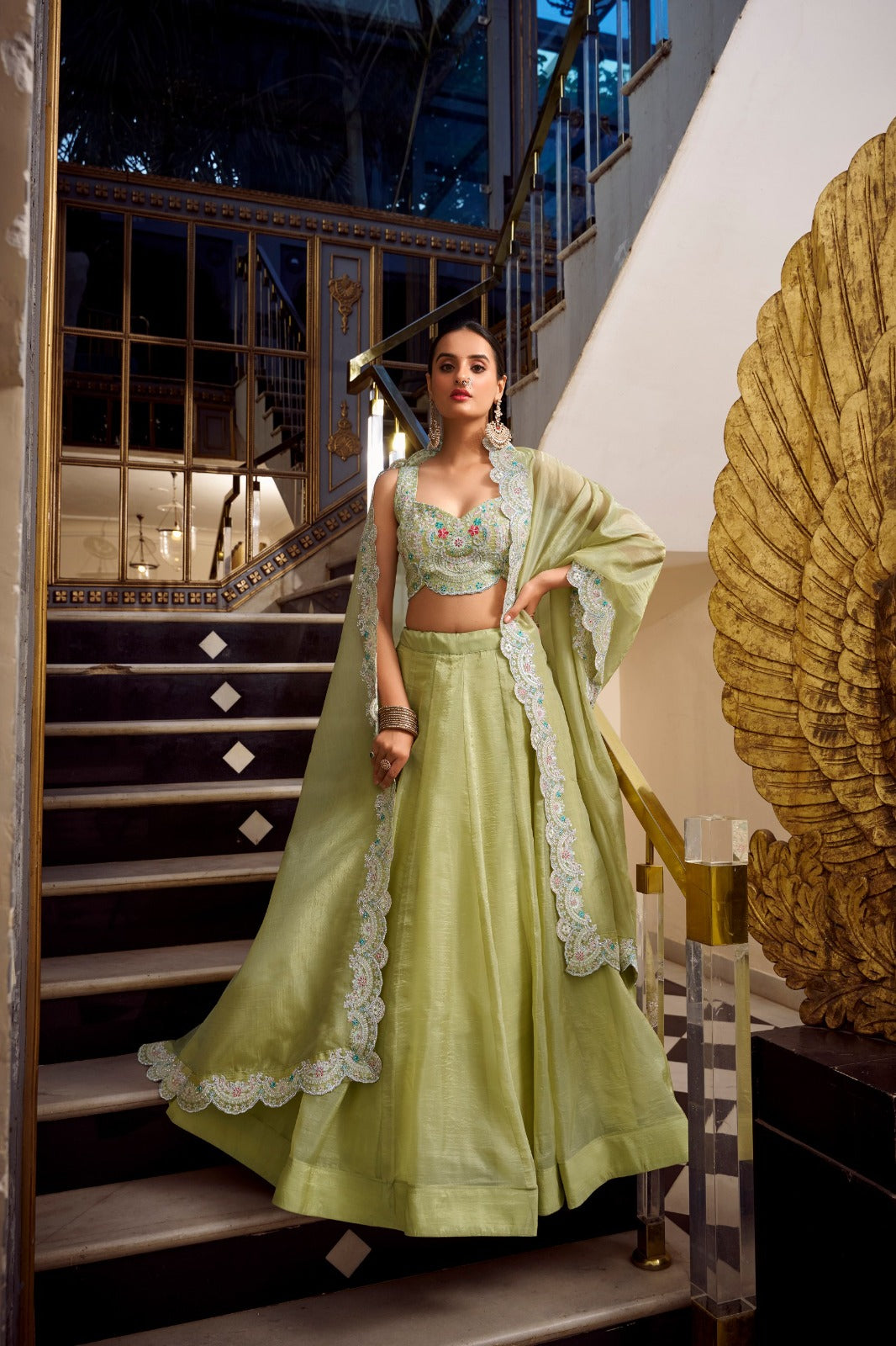 Green Crush Plain Drawstring with Zip Lehenga Choli | Ready To Wear - qivii