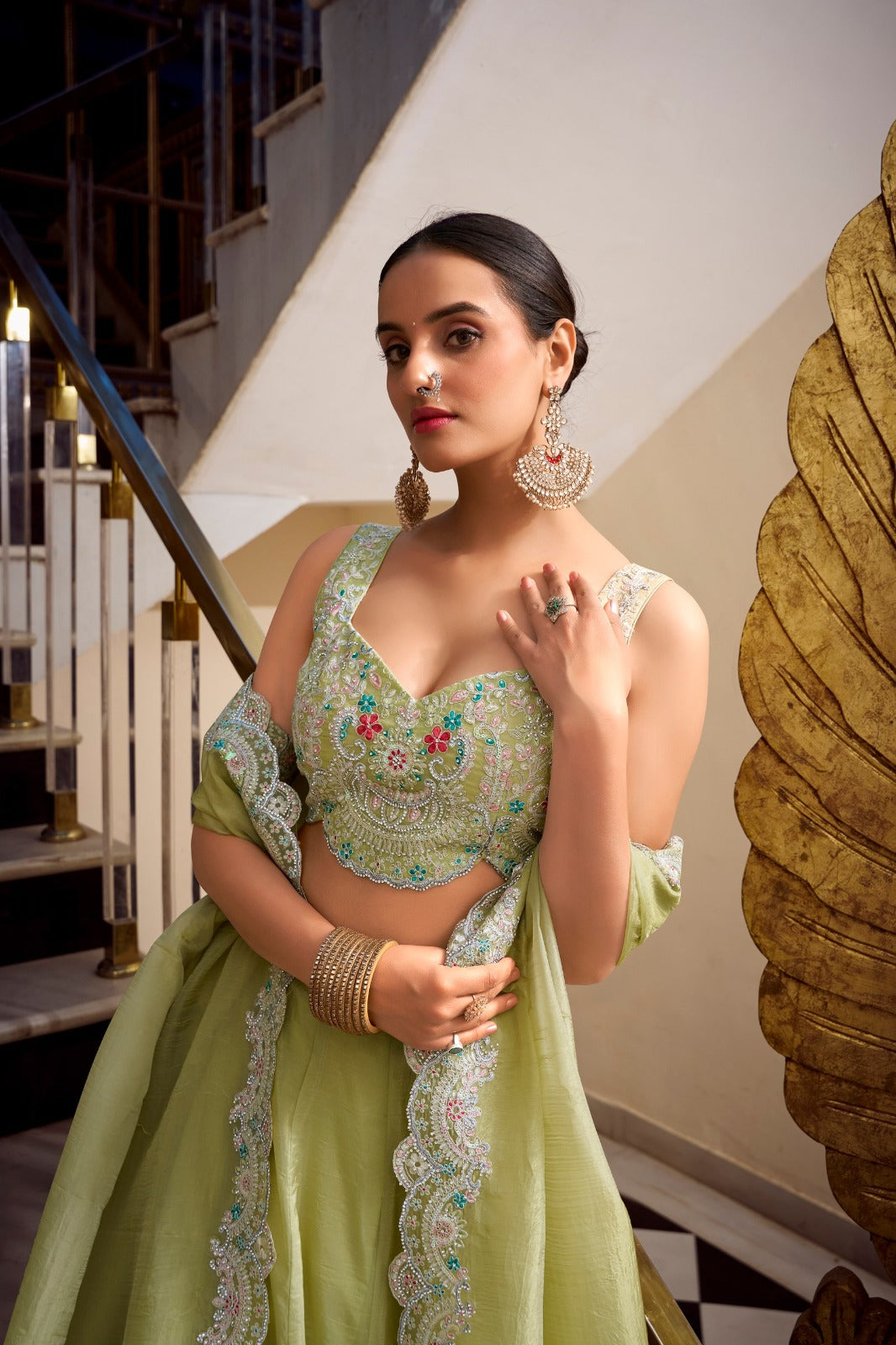 Green Crush Plain Drawstring with Zip Lehenga Choli | Ready To Wear - qivii