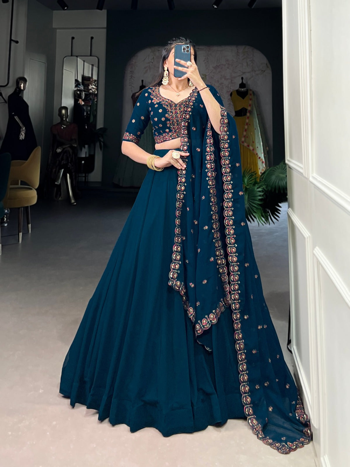Blue Georgette Plain Drawstring with Zip Lehenga Choli - INSPIRED | Ready To Wear - qivii
