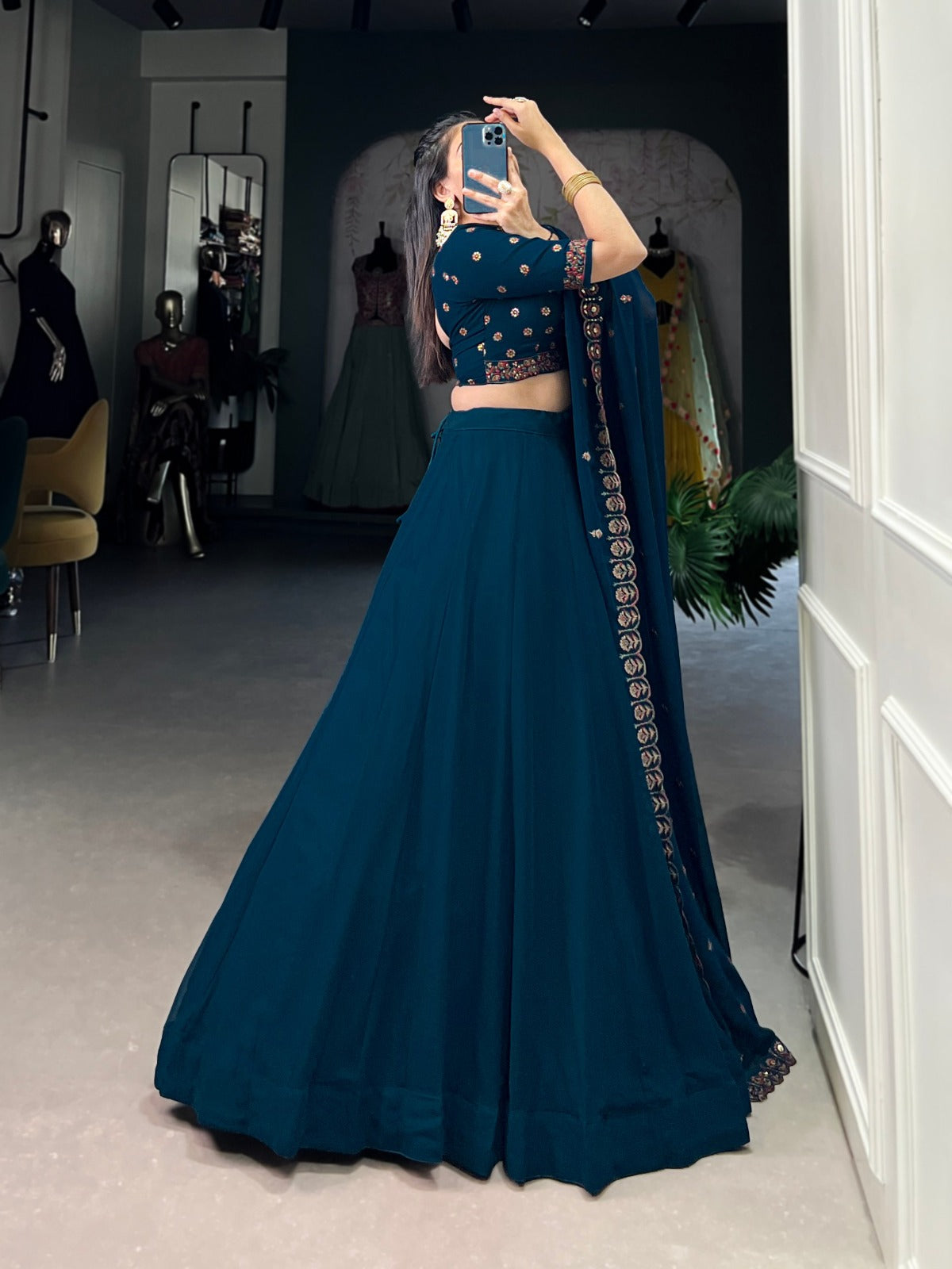 Blue Georgette Plain Drawstring with Zip Lehenga Choli - INSPIRED | Ready To Wear - qivii
