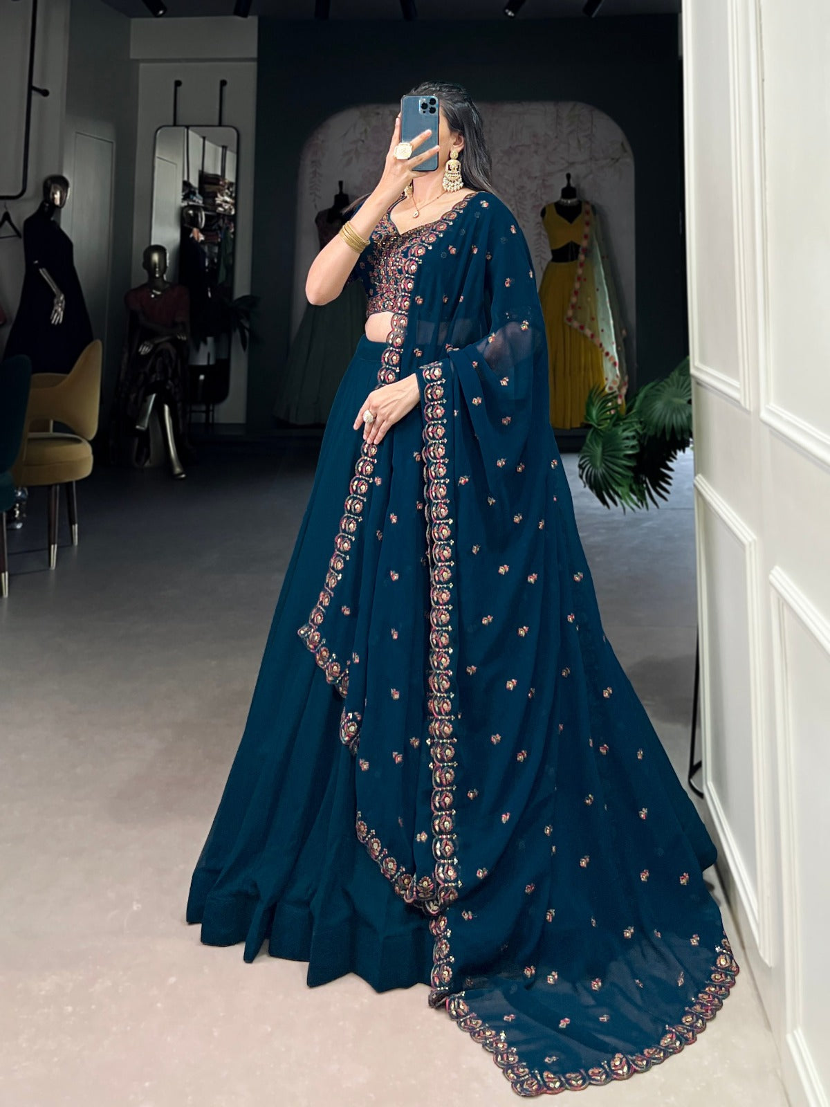 Blue Georgette Plain Drawstring with Zip Lehenga Choli - INSPIRED | Ready To Wear - qivii