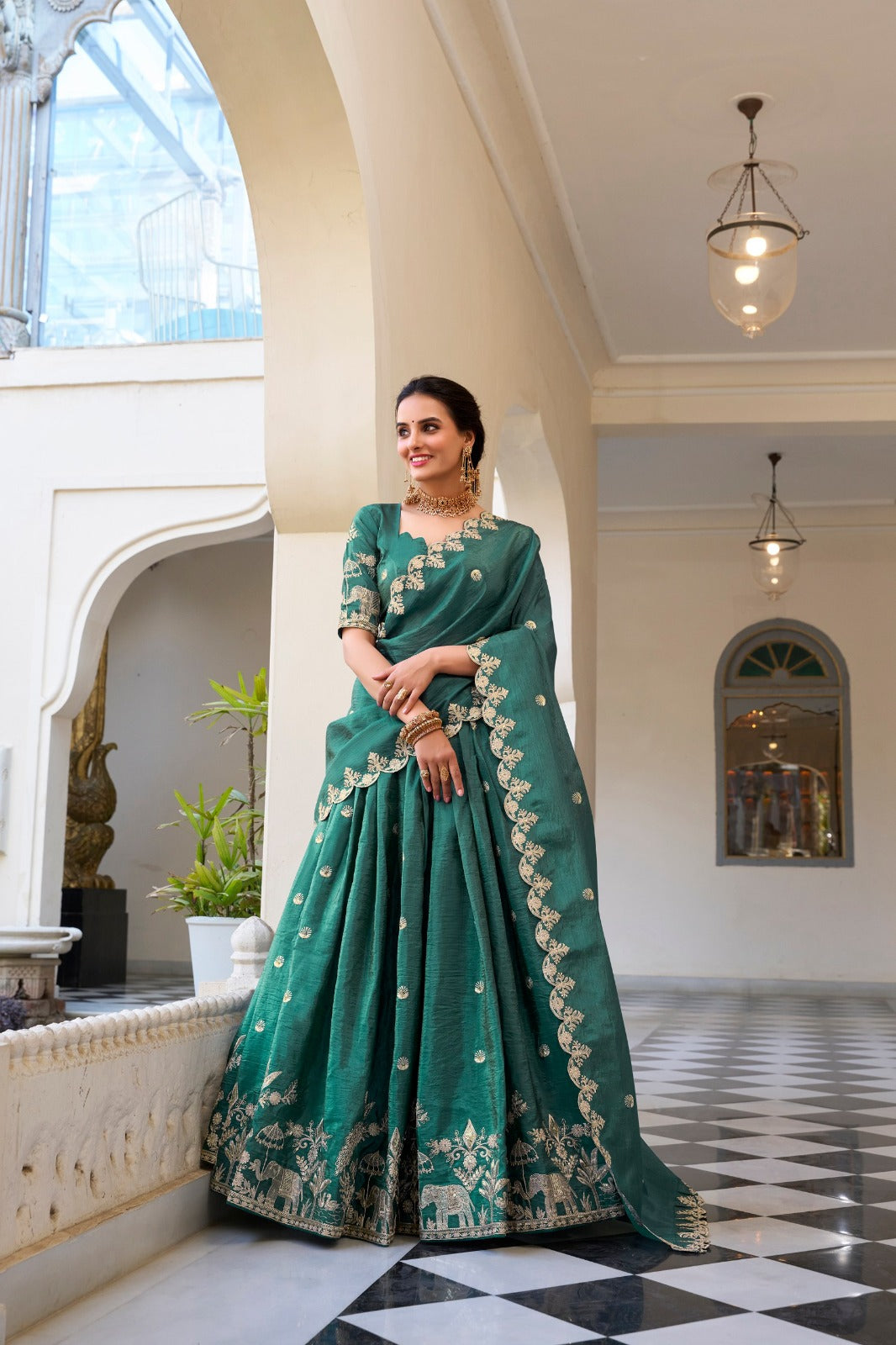 Teal Gold Crush Sequins and Thread Embroidery Work Lehenga Choli | Ready To Wear - qivii