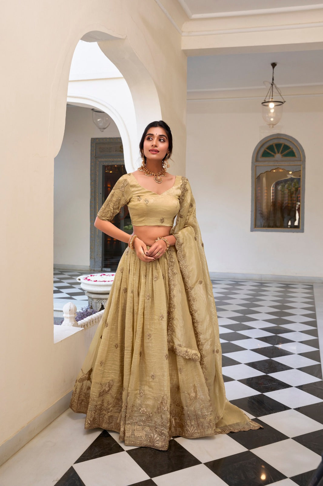 Off White Gold Crush Sequins and Thread Embroidery Work Lehenga Choli | Ready To Wear - qivii