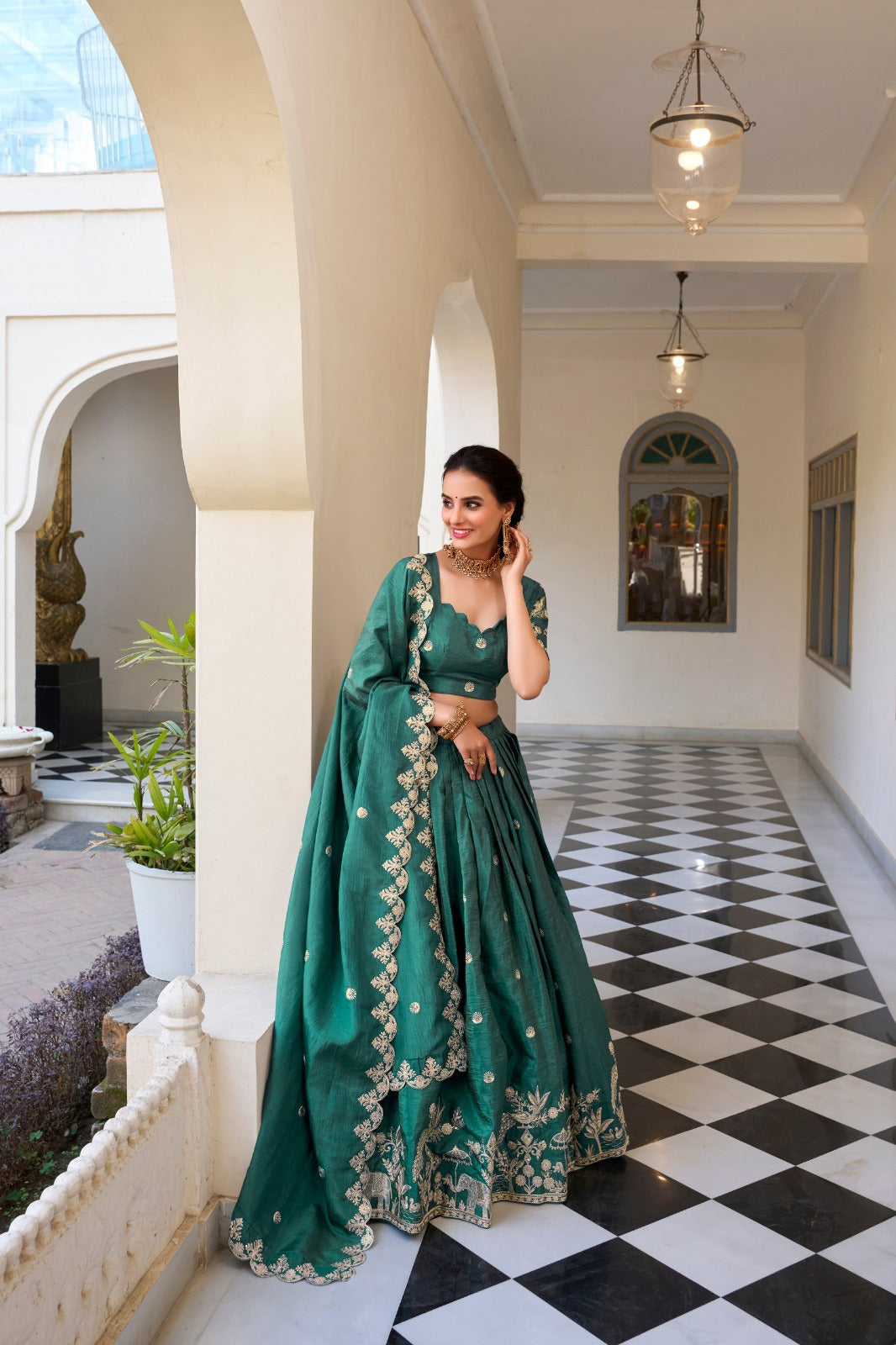 Teal Gold Crush Sequins and Thread Embroidery Work Lehenga Choli | Ready To Wear - qivii