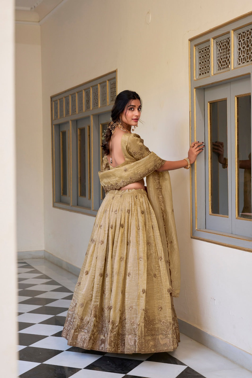 Off White Gold Crush Sequins and Thread Embroidery Work Lehenga Choli | Ready To Wear - qivii