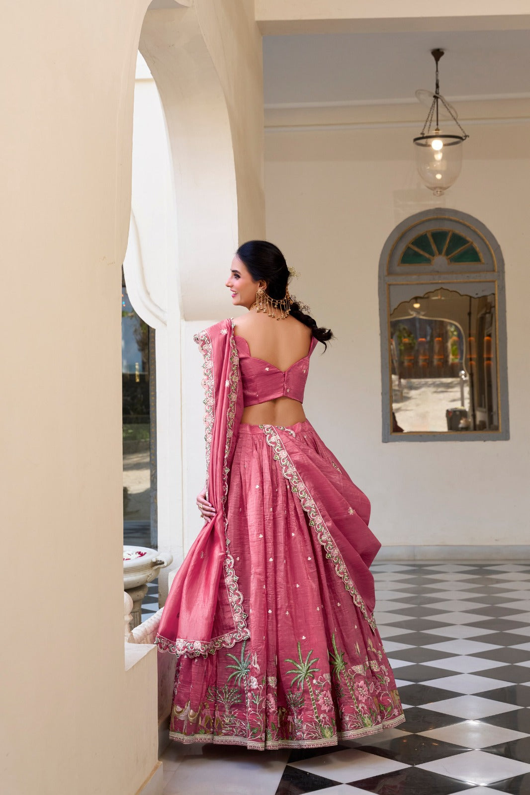 Pink Gold Crush Sequins and Thread Embroidery Work Lehenga Choli | Ready To Wear - qivii