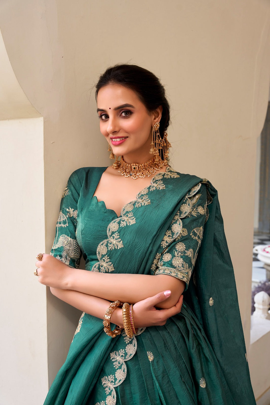 Teal Gold Crush Sequins and Thread Embroidery Work Lehenga Choli | Ready To Wear - qivii