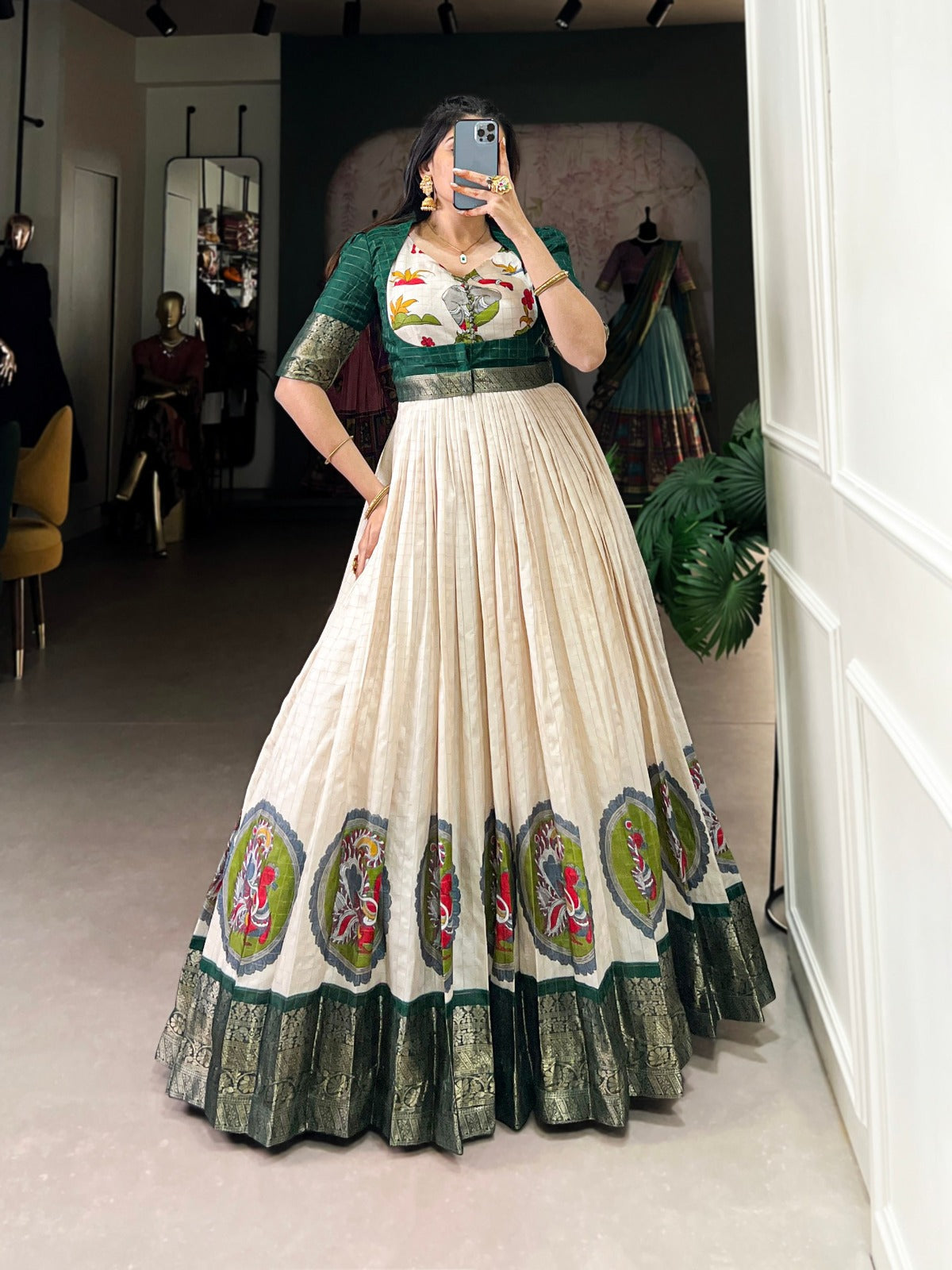 Green Dola Silk Kalamkari Print With Zari Weaving Broder Gown - INSPIRED - qivii