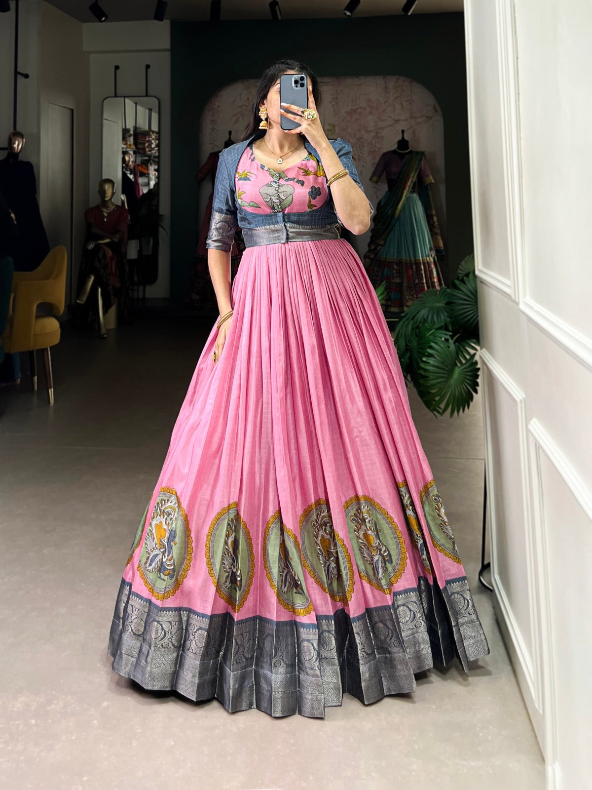 Pink Dola Silk Kalamkari Print With Zari Weaving Broder Gown - INSPIRED - qivii