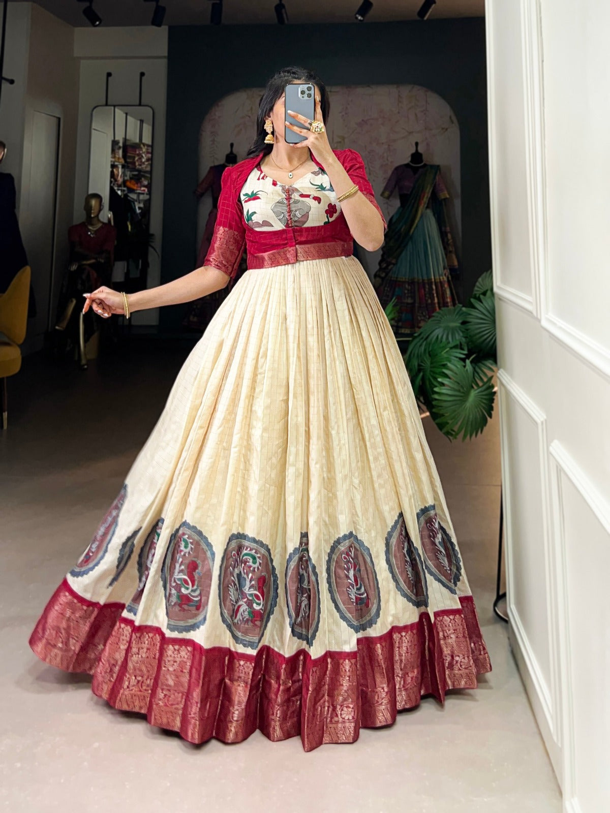 Red Dola Silk Kalamkari Print With Zari Weaving Broder Gown - INSPIRED - qivii