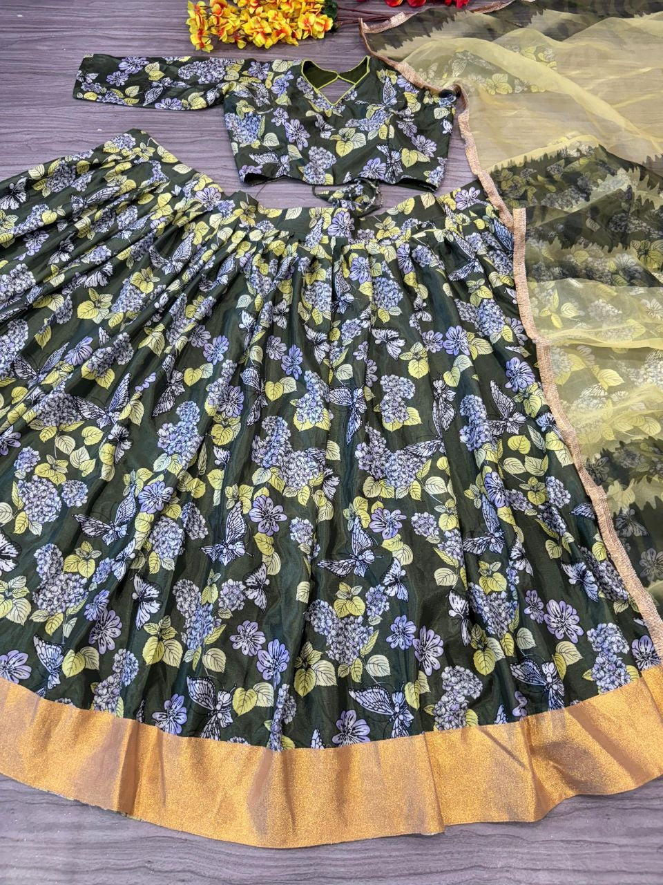 Green Premium Chinon Silk Embellished With Beautiful Digital Print Work Lehenga Choli - INSPIRED | Ready To Wear - qivii