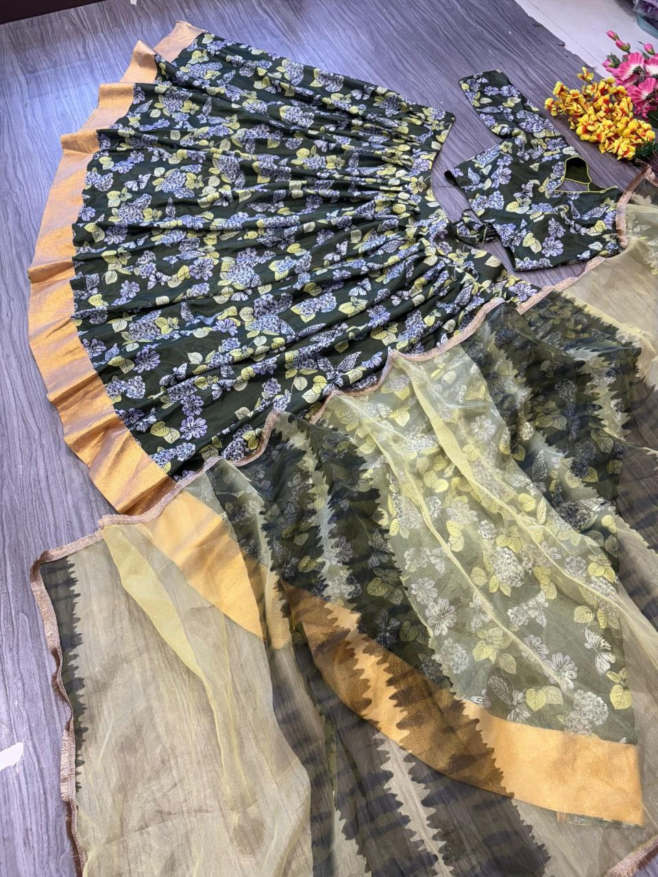 Green Premium Chinon Silk Embellished With Beautiful Digital Print Work Lehenga Choli - INSPIRED | Ready To Wear - qivii