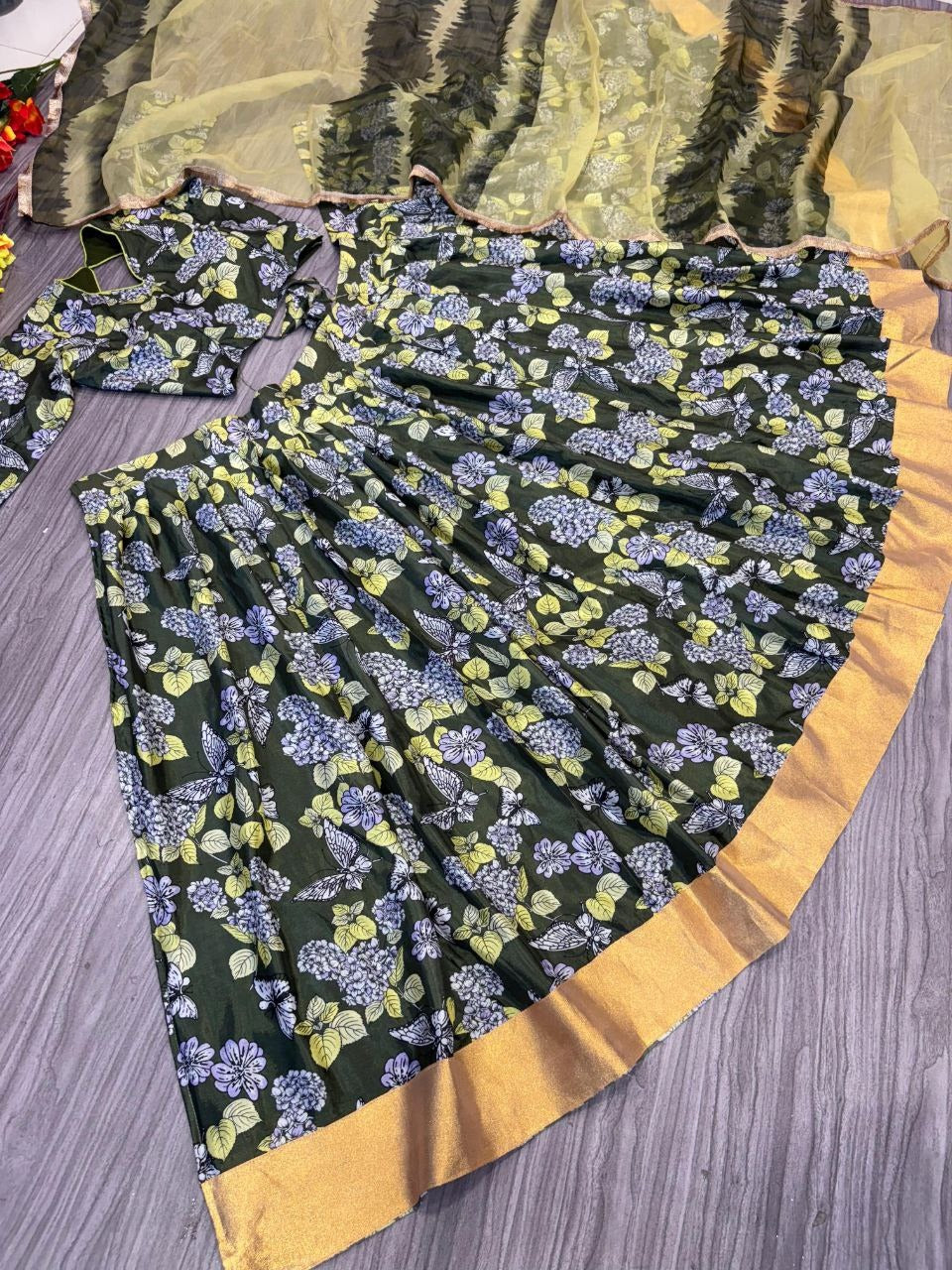 Green Premium Chinon Silk Embellished With Beautiful Digital Print Work Lehenga Choli - INSPIRED | Ready To Wear - qivii