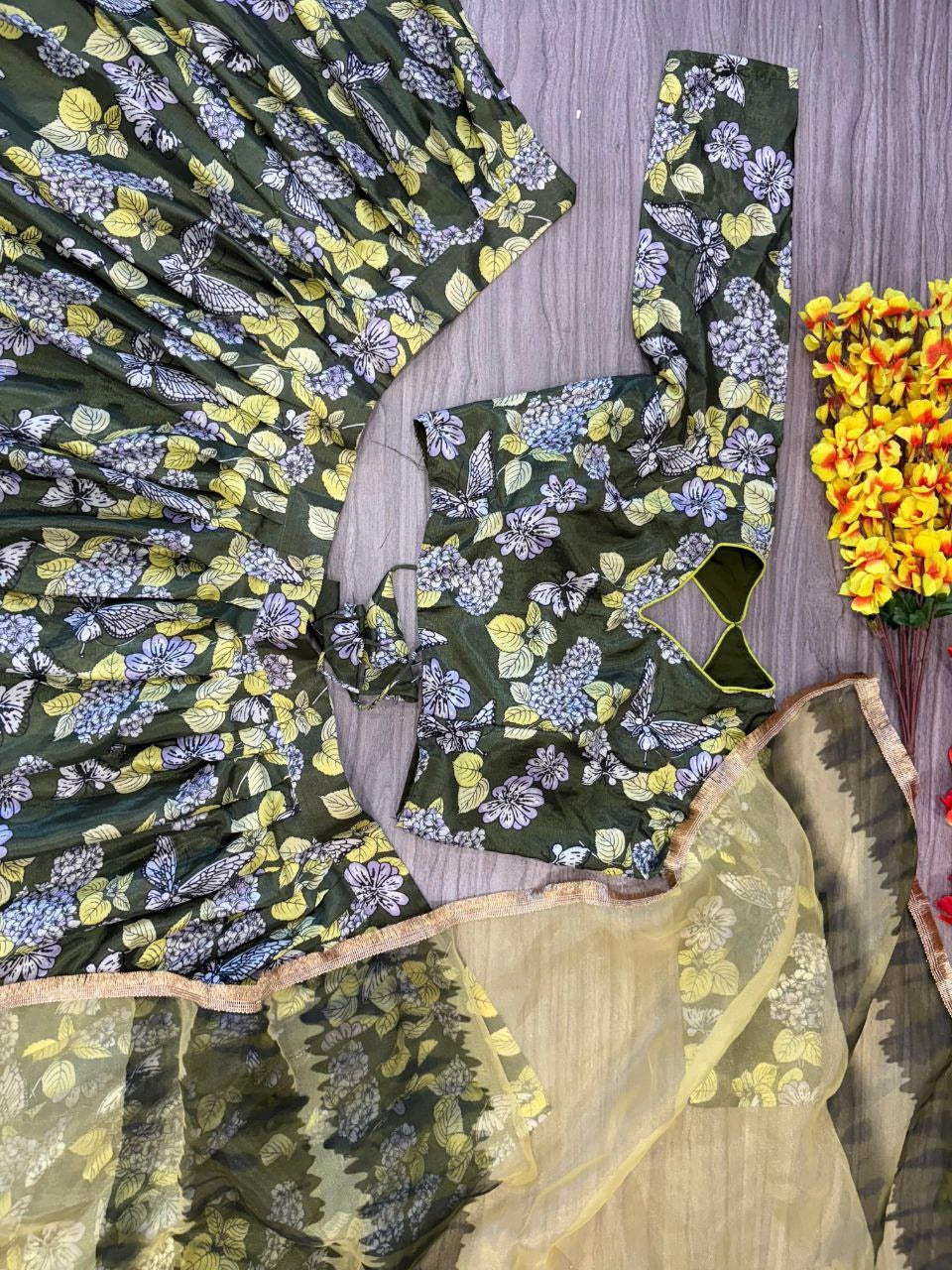 Green Premium Chinon Silk Embellished With Beautiful Digital Print Work Lehenga Choli - INSPIRED | Ready To Wear - qivii