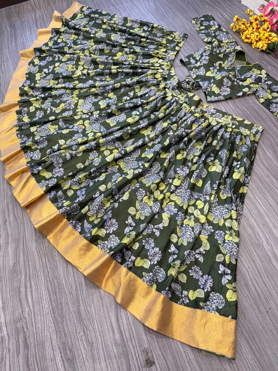 Green Premium Chinon Silk Embellished With Beautiful Digital Print Work Lehenga Choli - INSPIRED | Ready To Wear - qivii